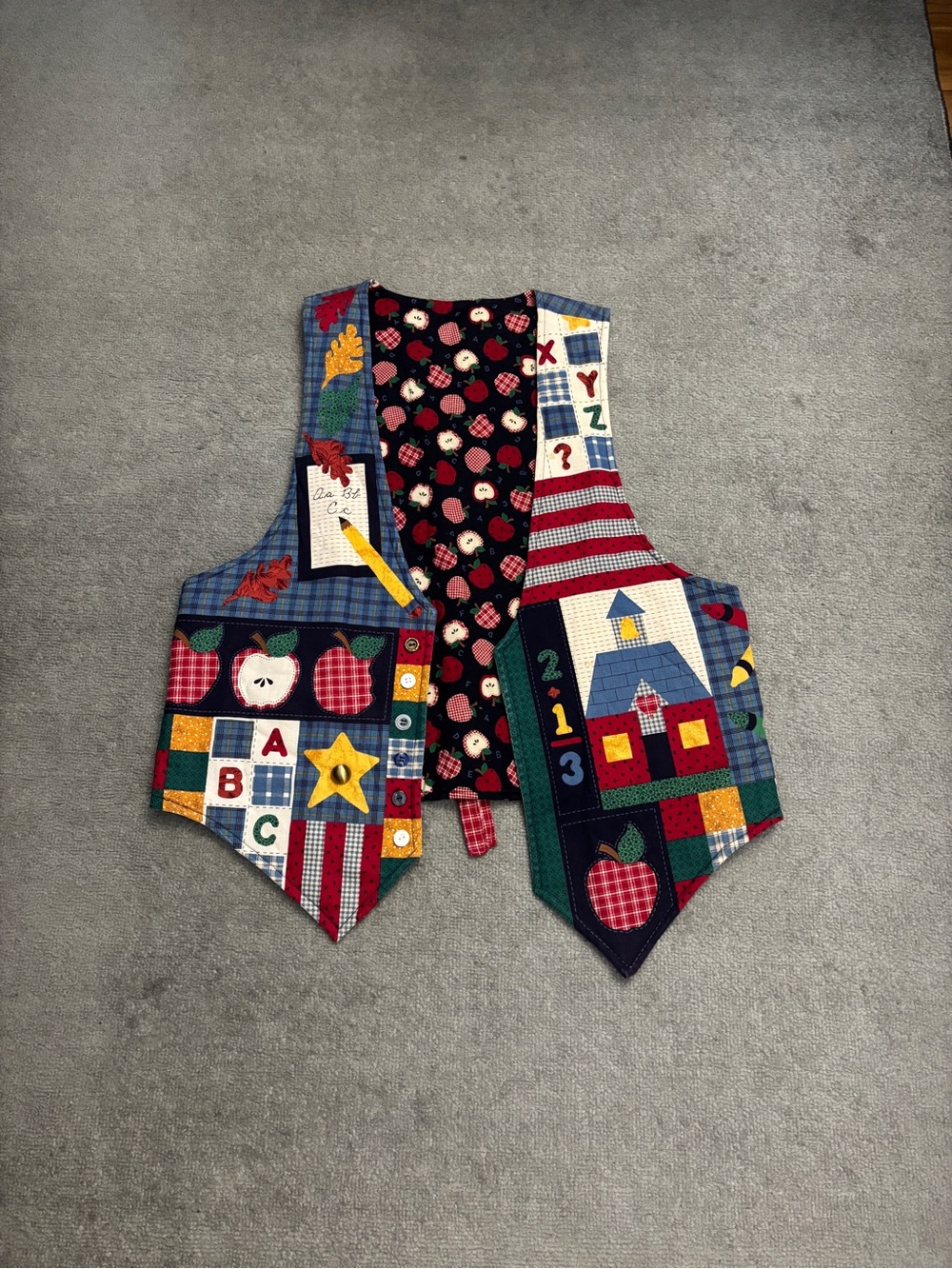 Handmade Teachers Vest w/ Colorful Patchwork School Theme Apples, Leaves, Number